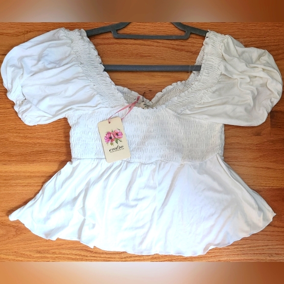 Entro NWT Crop Top Peasant Blouse short sleeve White Size S Spandex ruched Sweet - Picture 1 of 5